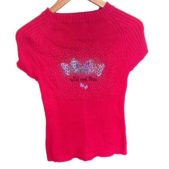 Wild and Free Red Baby Doll Cropped Fitted Short Sleeve Butterfly Sweater - Picture 1 of 9